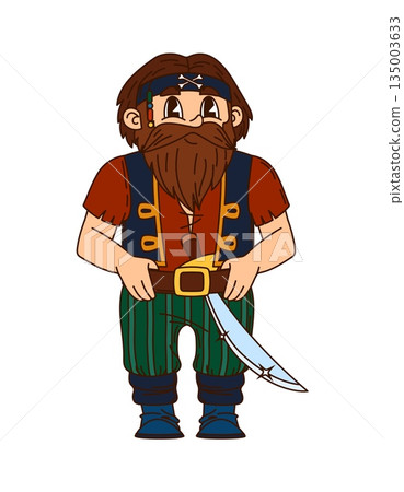 Corsair pirate crew bearded and hairy sailor cartoon character. Cheerful boatswain personage, pirate bandit isolated vector mascot. Corsair character with big beard and cutlass sword behind belt 135003633