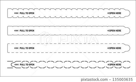 Box package perforated tear strip border line. Vector black and white Pull to Open packaging tab templates with sharp, rounded and dashed lines perforation for boxes and tamper proof packaging Box package perforated tear strip border line. Vector black and white Pull to Open packaging tab templates with sharp, rounded and dashed lines perforation for boxes and tamper proof packaging 135003635