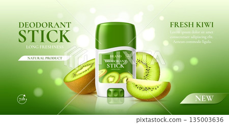 Realistic dry stick deodorant perfume cosmetic bottle. Vector mockup of cosmetics deodorant stick in green packaging with a kiwi fragrance, freshness and eco friendly quality. 3d promo banner 135003636