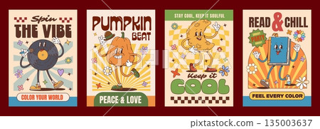 Retro groovy hippie characters posters with vintage funky vinyl record, pumpkin, slice of cheese and book dancing with positive messages. Nostalgic 70s vibe promoting peace, music, reading, positivity 135003637