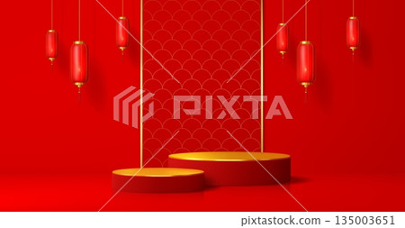 3d Asian vector podium stages with golden top surface stands, red Chinese lantern, round stand and wall decorated with golden ornament. Lunar new year product display, Asian event podium display 135003651