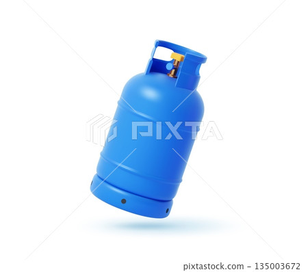3d gas tank cylinder isolated on white for propane or butane fuel storage. Energy supply, power industry, camping tools or propane gas safety design. Vector blue metal container for industrial use 135003672