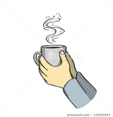 holding steaming cup of tea or coffee illustration vector sketch with black lines holding steaming cup of tea or coffee illustration vector sketch with black lines 135003843
