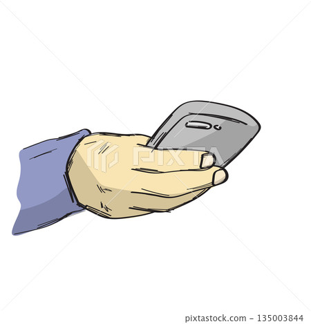 close up hand holding mobile phone illustration vector sketch with black lines 135003844