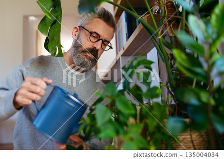 Bearded man caring for indoor plants, watering them. 135004034