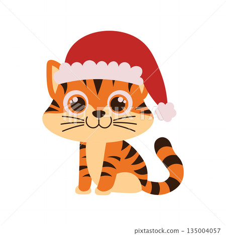 Playful Tiger Cat with Santa Hat Playful Tiger Cat with Santa Hat 135004057