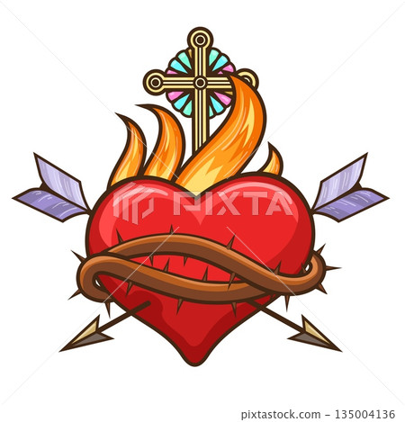 Cartoon heart with arrows and cross Cartoon heart with arrows and cross 135004136