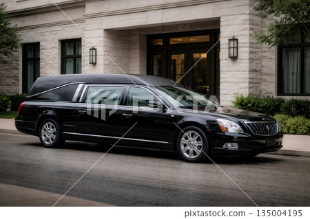 Black Luxury Hearse Parked Outside Elegant Stone Building Entrance 135004195