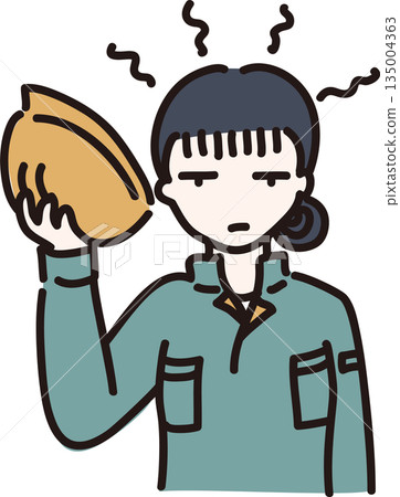 Illustration of a female worker with a sweaty head in a green uniform 135004363