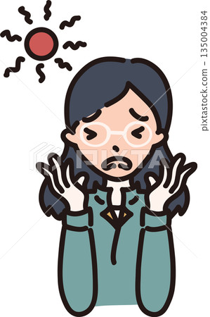 Illustration of a female worker in a green uniform who is concerned about sunburn Illustration of a female worker in a green uniform who is concerned about sunburn 135004384