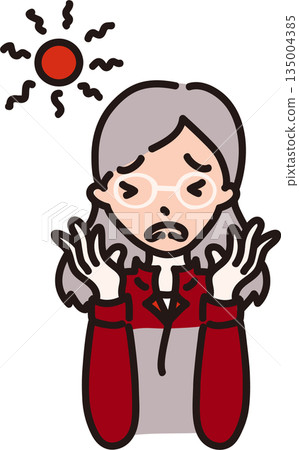 Illustration of a female worker in a red uniform who is concerned about sunburn Illustration of a female worker in a red uniform who is concerned about sunburn 135004385