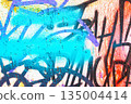 Abstract Urban Graffiti Wall with Blue, Orange, Purple Spray Paint for 2000s Street Art Style 135004414