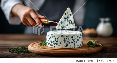 Creamy blue cheese wheel on wooden board small business serving slice with herbs and rustic table setting showing artisanal food passion 135004702