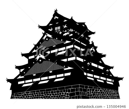 Toyotomi Osaka Castle tower black and white silhouette 135004946