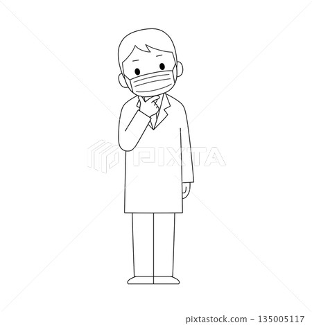 A black and white line drawing of a male medical worker wearing a white coat and a mask, thinking with his hand on his chin A black and white line drawing of a male medical worker wearing a white coat and a mask, thinking with his hand on his chin 135005117
