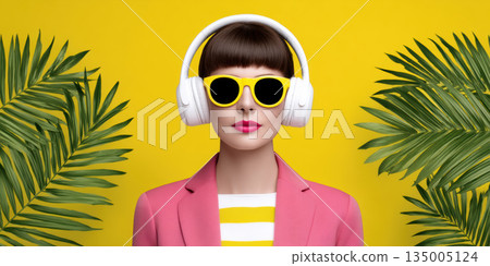 Stylish woman with headphones and sunglasses on vibrant yellow background expressing confident upbeat mood 135005124