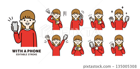 年輕女性和學生手持智慧型手機的各種面部表情和姿勢_向量圖素材_彩色 135005308