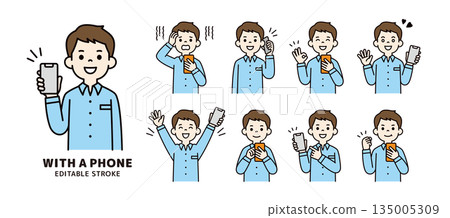 Various facial expressions and poses of men in their 20s and 30s holding smartphones_Vector illustration material_Color Various facial expressions and poses of men in their 20s and 30s holding smartphones_Vector illustration material_Color 135005309