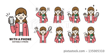 Various facial expressions and poses of women in their 20s and 30s holding smartphones_Vector illustration material_Color 135005310