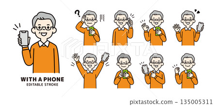 Various facial expressions and poses of middle-aged and elderly men holding smartphones_Vector illustration material_Color 135005311