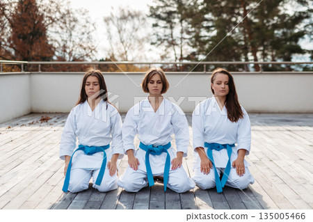 Confident women training karate together. Confident women training karate together. 135005466
