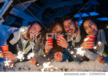 New Year celebration with friends in mountain cabin. 135005543