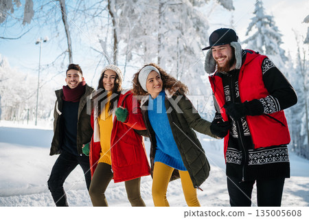 Friends walking through winter forest in snowy landscape. 135005608
