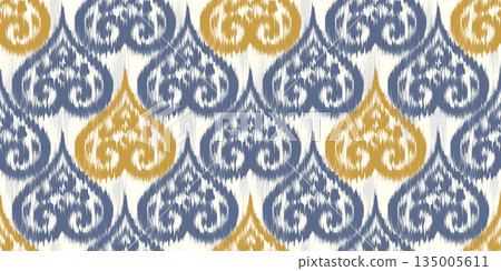 Ikat seamless pattern. Ethnic abstract vector design with hearts symbols on white background. Boho motif ornament on white background for textile. Retro orient decoration. Ikat seamless pattern. Ethnic abstract vector design with hearts symbols on white background. Boho motif ornament on white background for textile. Retro orient decoration. 135005611