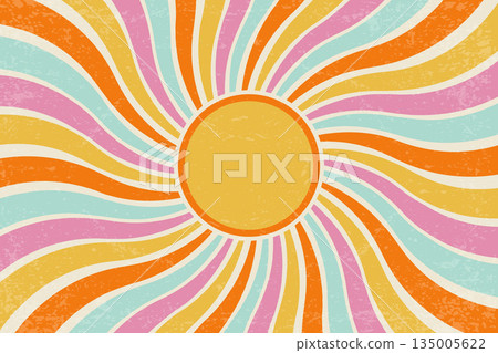 Groovy sun background with wavy pattern of radial rays. Summer retro psychedelic abstract burst. Vector 70s poster design with rainbow colored beams. 135005622