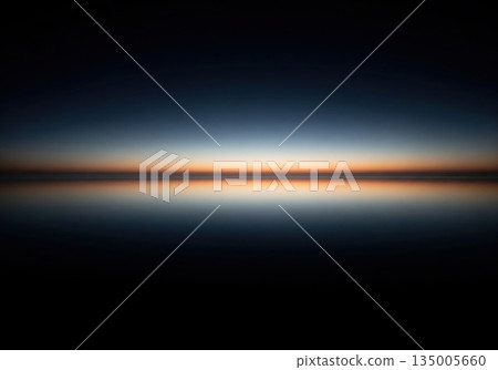 Minimalist abstract seascape at sunrise or sunset with a symmetrical reflection on calm water 135005660