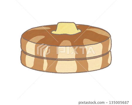 An illustration of two stacked pancakes covered in butter and syrup An illustration of two stacked pancakes covered in butter and syrup 135005687