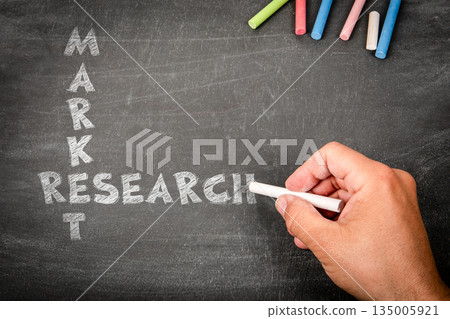 Market Research Concept Written with Chalk on Blackboard by Hand Market Research Concept Written with Chalk on Blackboard by Hand 135005921