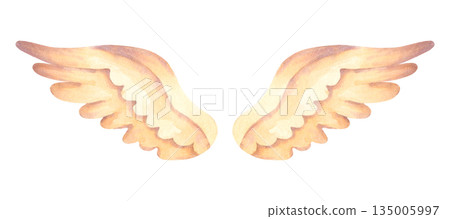 Watercolor illustration of a pair of angel wings and a unicorn. Hand drawn isolated art. For religious, spiritual, memorial, childrens designs, invitations, symbolic and memorial projects 135005997