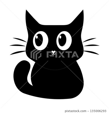 Minimalist Cute Black Cat Vector Illustration, A minimalist vector illustration of a cute black cat with big eyes and a simple design. Perfect for use in graphic projects, product design 135006293
