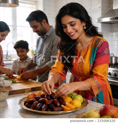 Happy South Asian family preparing Iftar meal in a modern kitchen. Muslim mother arranging dates on a platter while father and children help cook. Ramadan celebration concept 135006320