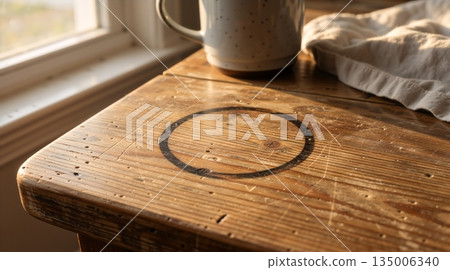 Circular water stain ring on a rustic wooden table surface. Damage mark left by a wet cup or mug without a coaster 135006340