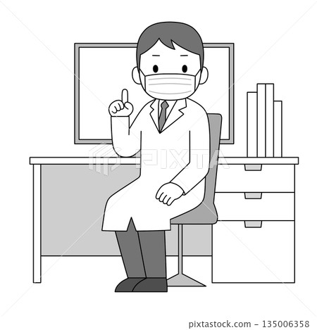 一幅單色插圖，描繪了一位身穿白大褂、戴著口罩的男性醫務人員，他站在辦公桌前，豎起一根手指，正在講解。 135006358