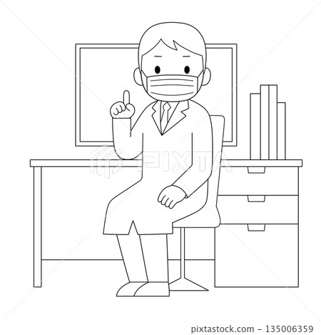 一幅黑白線條畫，畫中一名身穿白大褂、戴著口罩的男性醫護人員，豎起一根手指，站在辦公桌前講解。 135006359