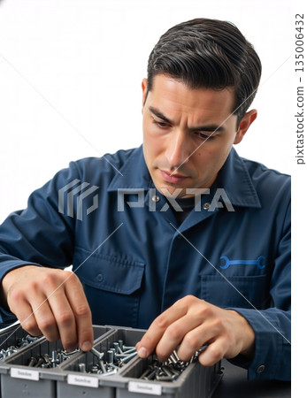 Professional mechanic sorting bolts in an organizer tray. Male worker in blue uniform selecting hardware parts against white background Professional mechanic sorting bolts in an organizer tray. Male worker in blue uniform selecting hardware parts against white background 135006432