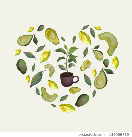 Watercolor Avocado Heart Composition with Leaves and Plant 135006719