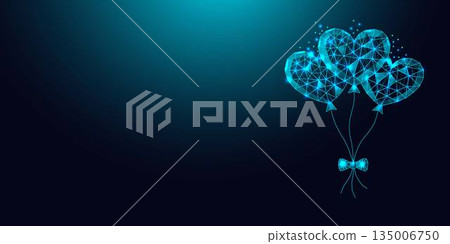 Low poly wireframe heart shaped balloons with bow on dark blue background. 135006750