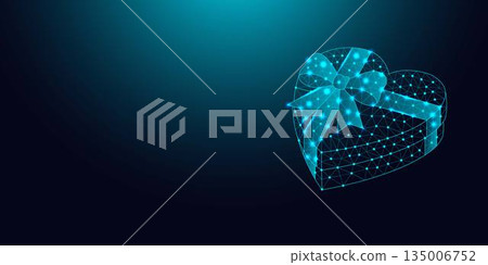 Low poly wireframe heart shaped gift box with bow on dark blue background. 135006752