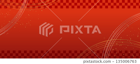 Modern Japanese red background with gold lines and checkered frame. New Year's and sales banner. Modern Japanese red background with gold lines and checkered frame. New Year's and sales banner. 135006763