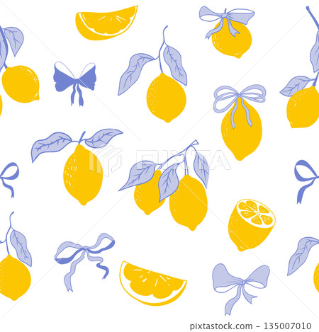Cute coquette print lemon pattern, bow, stripes. Floral trellis citrus bg, background. Lemon with leaves, lemon slice, part. Cute coquette print lemon pattern, bow, stripes. Floral trellis citrus bg, background. Lemon with leaves, lemon slice, part. 135007010