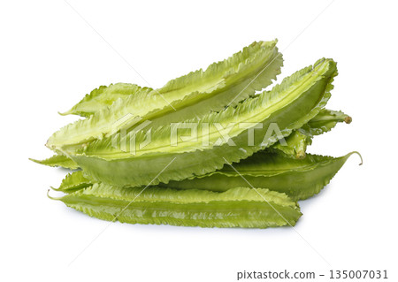 pile of winged beans, also known as cigarillas, manila or four-angled or goa beans, asparagus pea, tropical legume vegetable isolated on a white background pile of winged beans, also known as cigarillas, manila or four-angled or goa beans, asparagus pea, tropical legume vegetable isolated on a white background 135007031