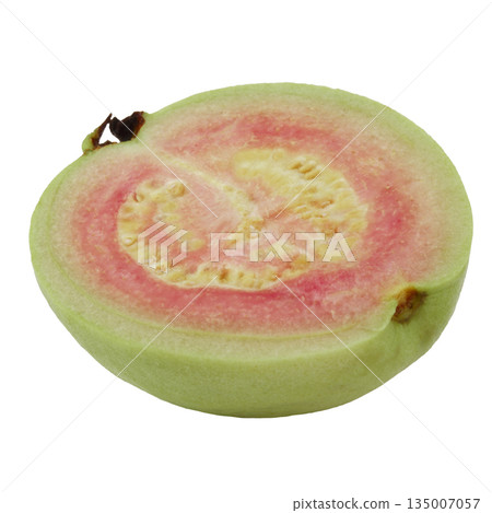Guavas with a bright green exterior fruit have red flesh inside, isolated on a white background Guavas with a bright green exterior fruit have red flesh inside, isolated on a white background 135007057