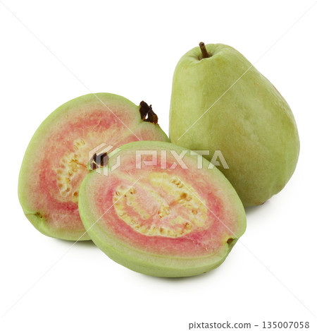 Guavas with a bright green exterior fruit have red flesh inside, isolated on a white background Guavas with a bright green exterior fruit have red flesh inside, isolated on a white background 135007058