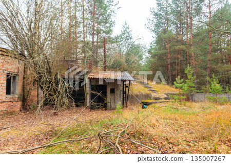 Old abandoned house in the ghost town Pripyat in Chernobyl Exclusion Zone, Ukraine 135007267