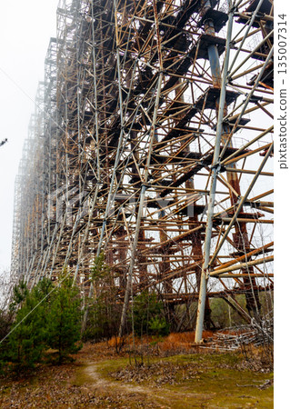 Duga, a Soviet over-the-horizon (OTH) radar system as part of the Soviet anti-ballistic missile early-warning network, in Chernobyl Exclusion Zone in Ukraine 135007314