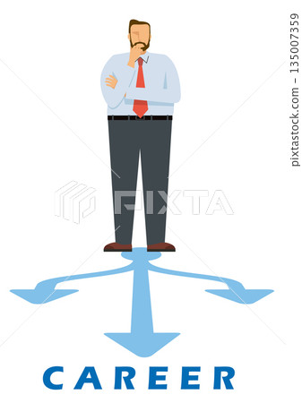 插圖描繪了一位白人男性商人站在職業生涯的十字路口,正在考慮是否要換工作。 插圖描繪了一位白人男性商人站在職業生涯的十字路口,正在考慮是否要換工作。 135007359